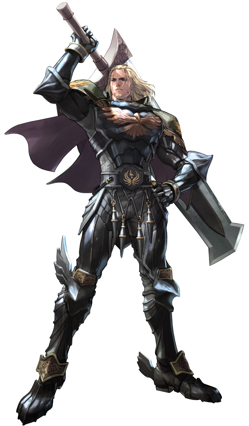 1boy absurdres armor blonde_hair breastplate cape facial_hair full_armor gauntlets greaves highres huge_weapon kawano_takuji knight long_hair male_focus namco official_art pauldrons scar shoulder_armor siegfried_schtauffen solo soul_calibur soulcalibur soulcalibur_v stubble sword weapon