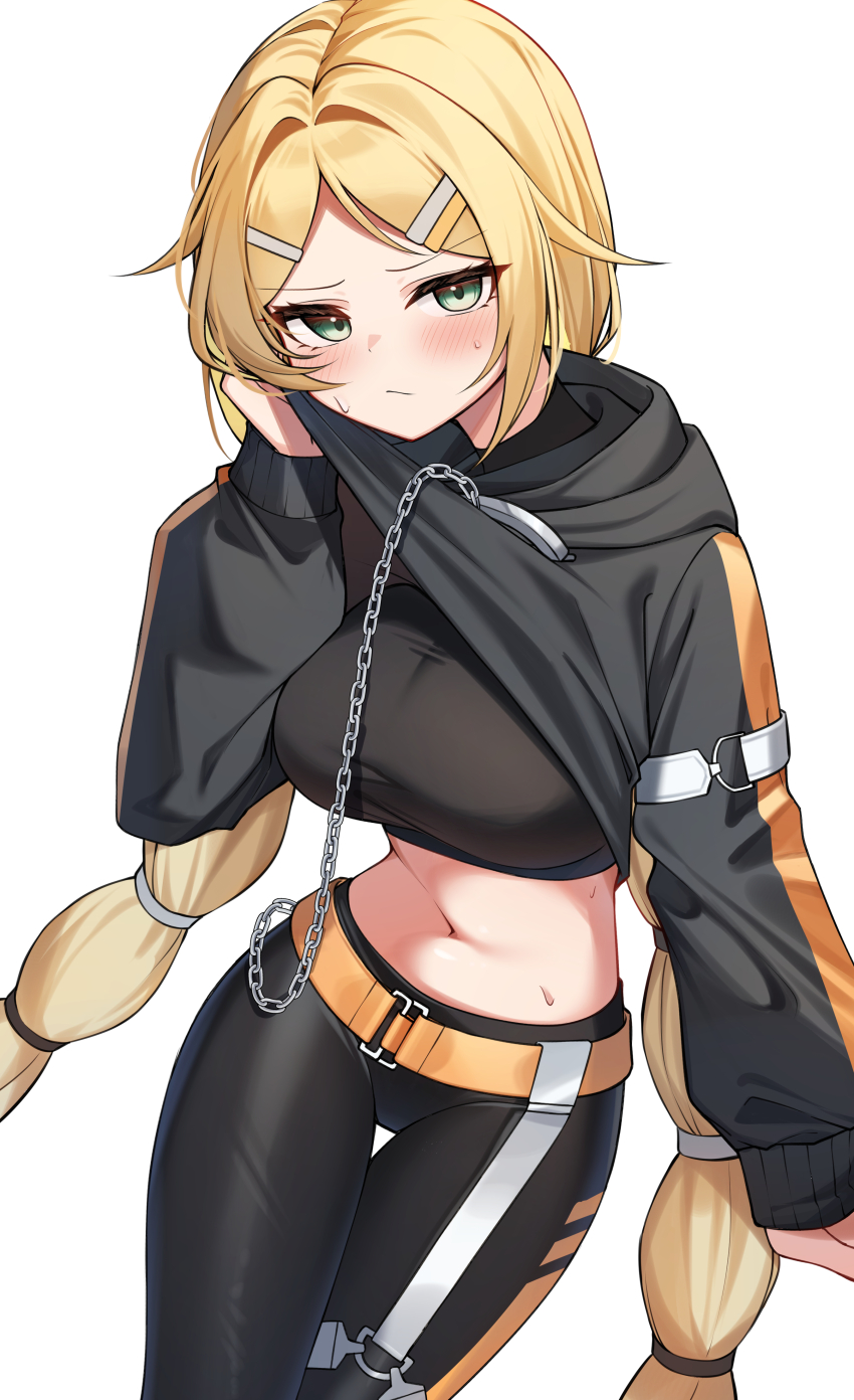 1girl absurdres belt black_hoodie black_pants black_shirt black_survival blonde_hair blush braid breasts chain clothes_lift cowboy_shot crop_top eternal_return:_black_survival frown green_eyes hand_up highres hood hood_down hoodie hoodie_lift large_breasts lifting_own_clothes long_hair long_sleeves looking_at_viewer low_twintails midriff navel nicky_blake pants parted_bangs shirt simple_background solo stomach sweat taut_clothes taut_shirt thigh_gap track_pants twin_braids twintails undershirt v-shaped_eyebrows very_long_hair white_background wiping_face wiping_with_clothes ziro_(zirorong)