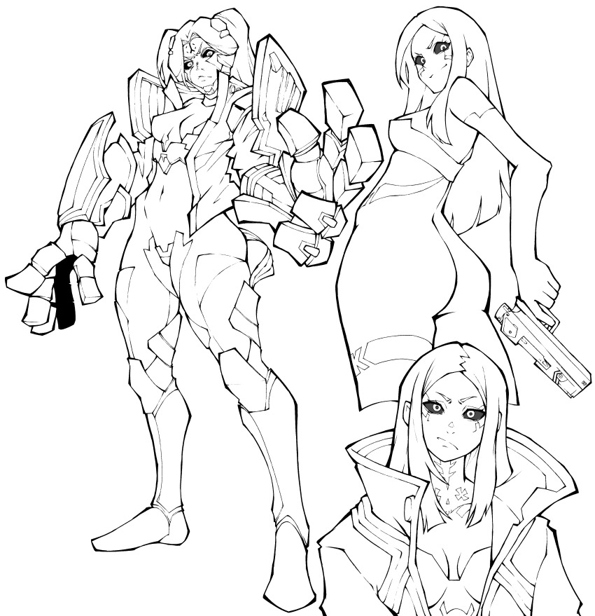1girl absurdres adam_smasher alternate_hairstyle artificial_eye ass borrowed_design bottomless colored_sclera commentary cropped_legs cyberpunk_(series) cyberpunk_edgerunners cyborg english_commentary full_body greyscale gun hair_down highres holding holding_gun holding_weapon kekel leg_tattoo looking_at_viewer mechanical_eye mechanical_hands monochrome neck_tattoo oversized_forearms oversized_limbs rebecca_(cyberpunk) revealing_clothes simple_background standing tattoo twintails weapon