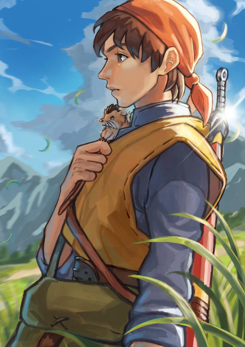 1boy animal animal_on_shoulder bandana belt blue_sky brown_eyes brown_hair cloud day dragon_quest dragon_quest_viii expressionless grass hero_(dq8) highres looking_to_the_side male_focus munchie_(dq8) outdoors parted_lips profile sabakan_(sabasabakan0) sky solo sword sword_on_back tall_grass upper_body vest weapon weapon_on_back