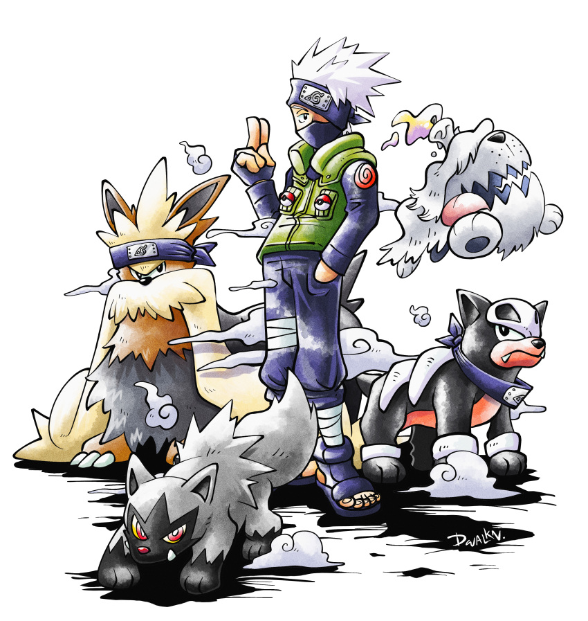 1boy absurdres blue_headband blue_pants bright_pupils colored_sclera commentary dog dwalkn english_commentary fangs freckles gen_2_pokemon gen_3_pokemon gen_5_pokemon greavard green_vest grey_hair hand_in_pocket hatake_kakashi headband highres houndour konohagakure_symbol male_focus mask mouth_mask naruto_(series) nintendo pants poke_ball_symbol pokemon pokemon_(creature) poochyena red_eyes short_hair simple_background skin_fangs snout spiked_hair stoutland sugimori_ken_(style) tongue tongue_out vest white_background white_pupils yellow_sclera