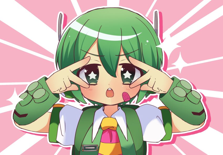 1boy bandaid bandaid_on_cheek bandaid_on_face buck_teeth double_inward_v green_eyes green_hair green_vest headphones highres m@gical_cure!_love_shot!_(vocaloid) male_focus meme miku_miku_beaaaam!!_(meme) motion_lines necktie open_mouth outline pink_background ryuuto_(vocaloid) shirt short_hair short_sleeves solo sparkle star-shaped_pupils star_(symbol) striped_necktie symbol-shaped_pupils teeth togase_ameko v v_over_eye vest vocaloid white_outline white_shirt