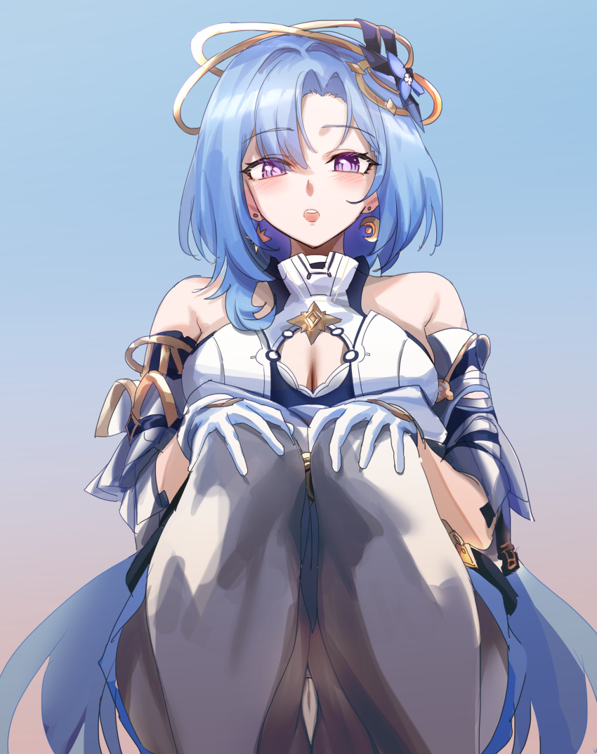 1girl :o absurdres blue_hair breasts cleavage_cutout clothing_cutout commentary_request crescent crescent_earrings dress earrings gloves griseo griseo_(cosmic_expression) hair_ornament highres honkai_(series) honkai_impact_3rd jewelry large_breasts long_hair pantyhose purple_eyes pussy pussy_cutout saki_(remainaddd) solo squatting teeth upper_teeth_only white_dress white_gloves white_pantyhose