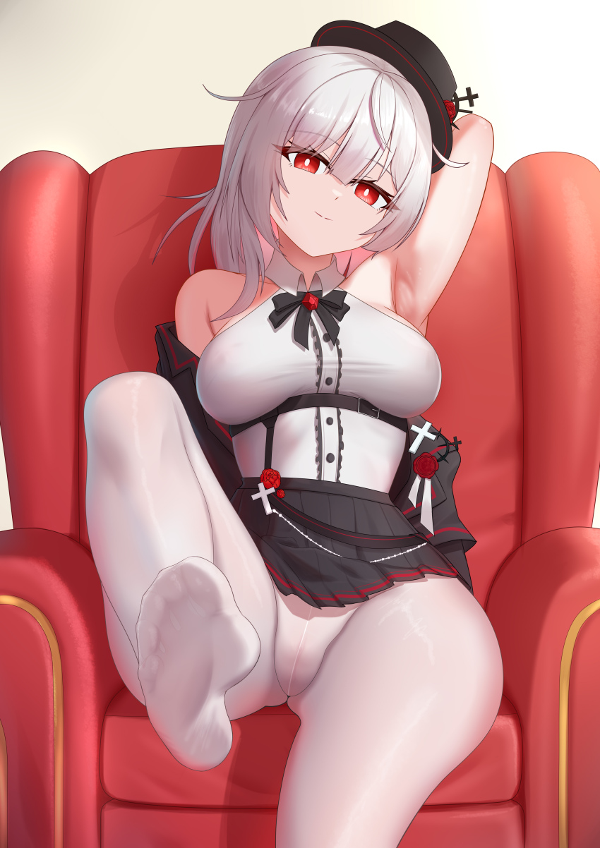 1girl absurdres armchair chair feet hat highres long_hair looking_at_viewer onepony788 original pantyhose red_eyes sitting smile soles toes white_hair white_pantyhose