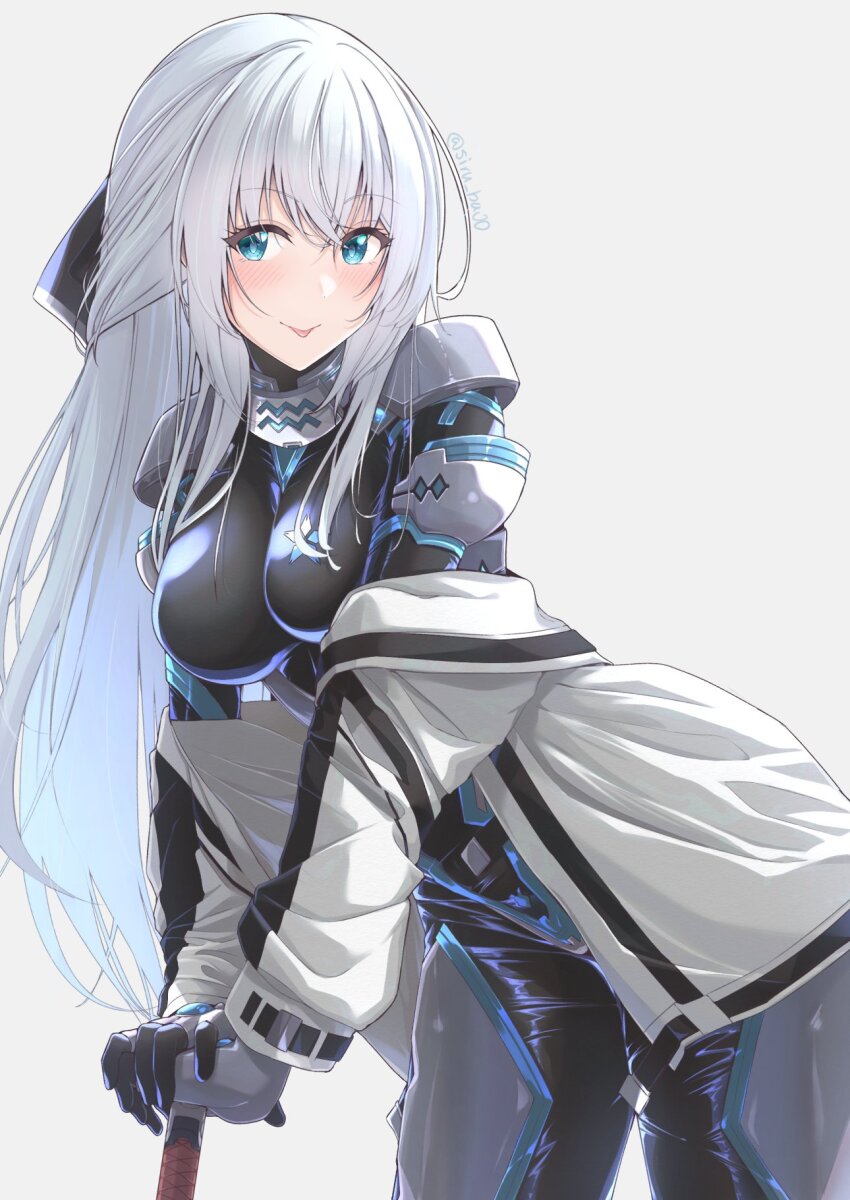 1girl blue_eyes commission eiyuu_densetsu fortified_suit gloves highres jacket kagin_(kagou_shita_nanika) katana kuro_no_kiseki_(series) kuro_no_kiseki_i long_hair mecha_pilot_suit muv-luv muv-luv_alternative pilot_suit shizuna_rem_misurugi simple_background skeb_commission smile solo sword tongue tongue_out weapon white_background white_hair