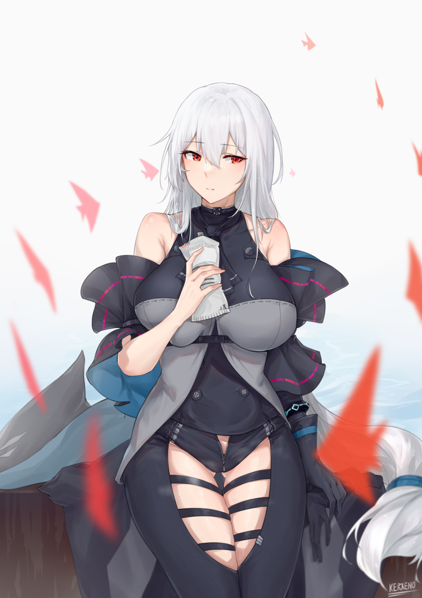 1girl absurdres angelfish arknights bare_shoulders black_gloves black_pants blush bracelet breasts chinese_commentary closed_mouth clothing_cutout cowboy_shot fish gloves gluteal_fold hair_between_eyes highres holding infection_monitor_(arknights) jewelry kerxeno large_breasts long_hair low-tied_long_hair low_ponytail open_fly open_pants pants ponytail revision simple_background single_glove skadi_(arknights) skadi_(elite_ii)_(arknights) solo thigh_cutout underbust very_long_hair water white_background