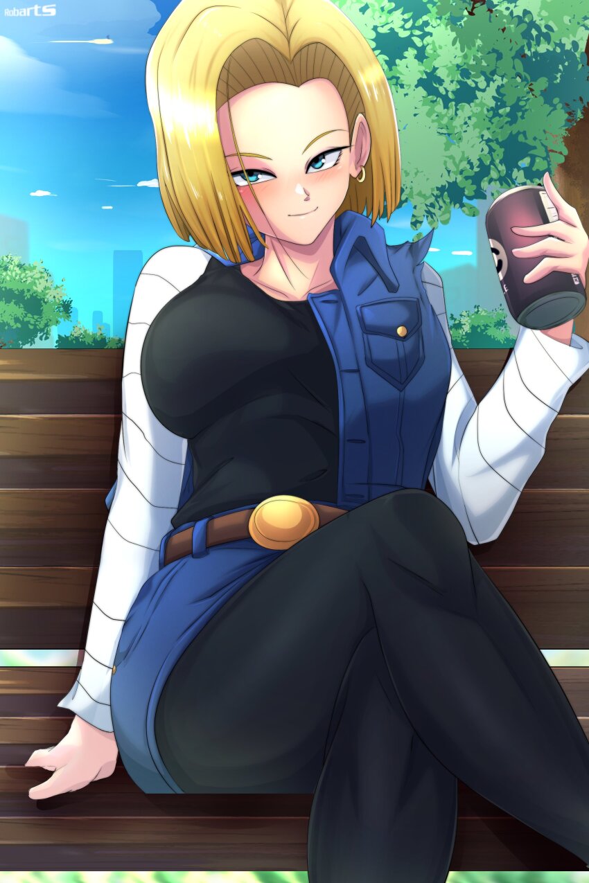 1girl absurdres android_18 axasempai belt bench blonde_hair blue_eyes blue_sky bob_cut breasts can collarbone crossed_legs day denim denim_jacket dragon_ball dragonball_z facing_viewer highres holding holding_can jacket large_breasts looking_at_viewer pantyhose park_bench short_hair sitting sky sleeveless sleeveless_jacket smile solo tank_top watermark