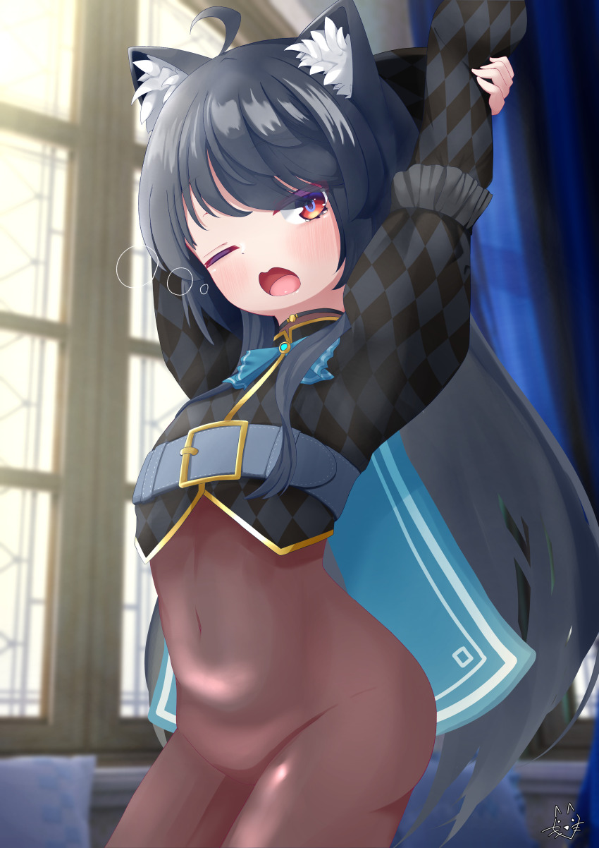 1girl 716ciel absurdres ahoge animal_ear_fluff animal_ears arms_up belt black_hair black_shirt blue_cape bodystocking bodysuit buckle cape cat_ears covered_navel cowboy_shot highres indoors long_hair long_sleeves looking_at_viewer navel one_eye_closed open_mouth red_eyes shirt sleepy solo stretching svartlilja_(vrchat) thighs very_long_hair vrchat window yawning