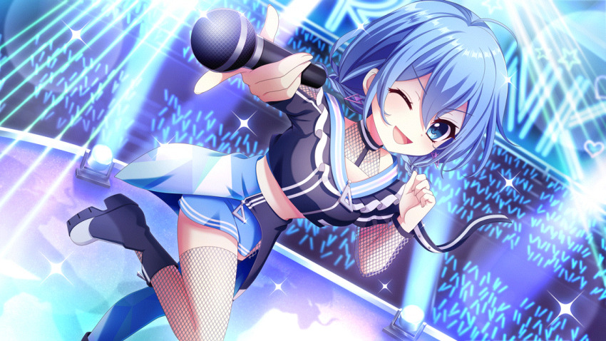 1girl ;d ahoge audience black_boots black_shirt black_skirt blue_hair blue_skirt blue_thighhighs boots breasts character_name clenched_hand collarbone concert crop_top dot_nose double-parted_bangs dutch_angle earrings film_grain fishnet_sleeves fishnet_thighhighs fishnets floating_earrings game_cg glowstick hand_up heart holding holding_microphone index_finger_raised izumi_tsubasu jewelry lens_flare looking_at_viewer medium_breasts microphone midriff mismatched_thighhighs nakano_rinka neon_lights non-web_source official_art one_eye_closed open_mouth outstretched_arm platform_boots re:stage! see-through_clothes see-through_skirt shadow shirt short_hair showgirl_skirt skirt smile solo sparkle stage stage_lights standing standing_on_one_leg thighhighs