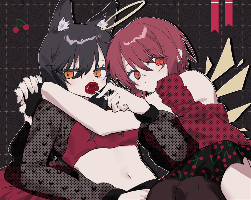 2girls animal_ear_fluff animal_ears arknights bare_shoulders black_gloves black_hair breasts brown_wings candy cherry_print closed_mouth detached_wings dotted_line exusiai_(arknights) fingerless_gloves food food_print fruit_print gloves grid_background hair_between_eyes halo highres holding holding_candy holding_food holding_lollipop lollipop long_hair long_sleeves looking_at_viewer match_bou_(match_match03) medium_breasts multiple_girls navel orange_eyes puffy_long_sleeves puffy_sleeves red_eyes red_hair see-through_clothes see-through_sleeves texas_(arknights) wings