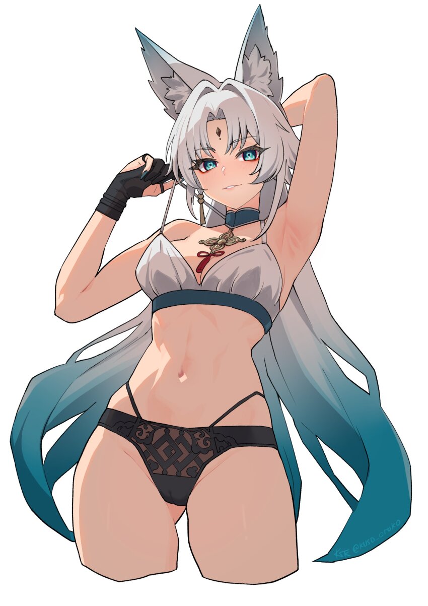 1girl absurdres alternate_costume animal_ear_fluff animal_ears arm_behind_head arm_up armpits artist_name beads black_gloves black_panties blue_eyes blue_hair blue_nails bra breasts cowboy_shot detached_collar eyeshadow feixiao_(honkai:_star_rail) fingernails forehead_jewel fox_ears fox_girl gloves gradient_hair hair_beads hair_ornament hand_up high_ponytail highres holding honkai:_star_rail honkai_(series) jewelry kuso_otoko long_fingernails long_hair looking_at_viewer makeup mandarin_collar medium_breasts multicolored_hair nail_polish navel necklace panties parted_bangs partially_fingerless_gloves ponytail red_eyeshadow red_ribbon ribbon sidelocks simple_background smile solo standing tassel tassel_hair_ornament teeth underwear white_background white_bra white_hair