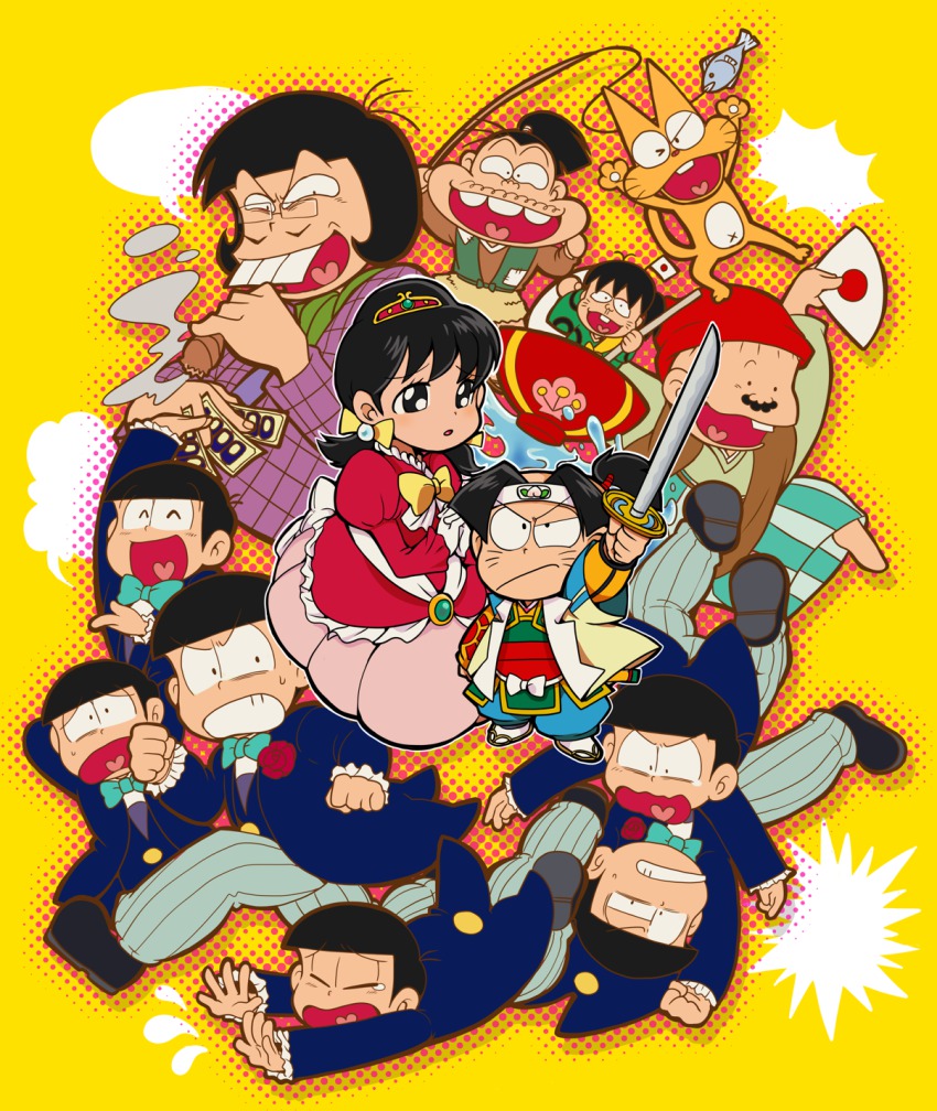 1girl 6+boys alternate_costume bespectacled black_hair blank_speech_bubble bow bowl_cut bowtie brothers buck_teeth cat chibita child cigar dayoon dekapan facial_hair facial_mark fish fishing_rod flag flying_sweatdrops folding_fan formal_clothes glasses hair_bow hand_fan hatabou head_flag headband heart heart_in_mouth highres issun-boushi iyami matching_outfits matsuno_choromatsu matsuno_ichimatsu matsuno_jyushimatsu matsuno_karamatsu matsuno_osomatsu matsuno_todomatsu mini_flag momotarou money mouretsu_atarou multiple_boys mustache nyarome osomatsu-kun osomatsu_(series) pants purple_suit sextuplets sheeeh! short_twintails siblings simple_background smile smoke speech_bubble striped_clothes striped_pants suit sword teeth tripping tsubuta_hiro tuxedo twintails weapon whisker_markings yellow_background yowai_totoko