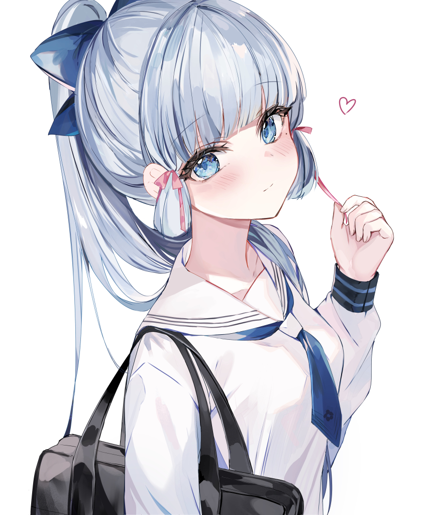 1girl absurdres aqua_eyes aqua_hair ayaka_(genshin_impact) bag blue_necktie blush closed_mouth collarbone commentary_request genshin_impact hair_ribbon highres kamisato_ayaka kamisato_ayaka_(heytea) long_sleeves looking_at_viewer necktie official_alternate_costume official_alternate_hairstyle pink_ribbon ponytail ribbon sailor_collar school_uniform serafuku shoulder_bag sidelocks simple_background smile solo sonna_banana upper_body white_background white_sailor_collar