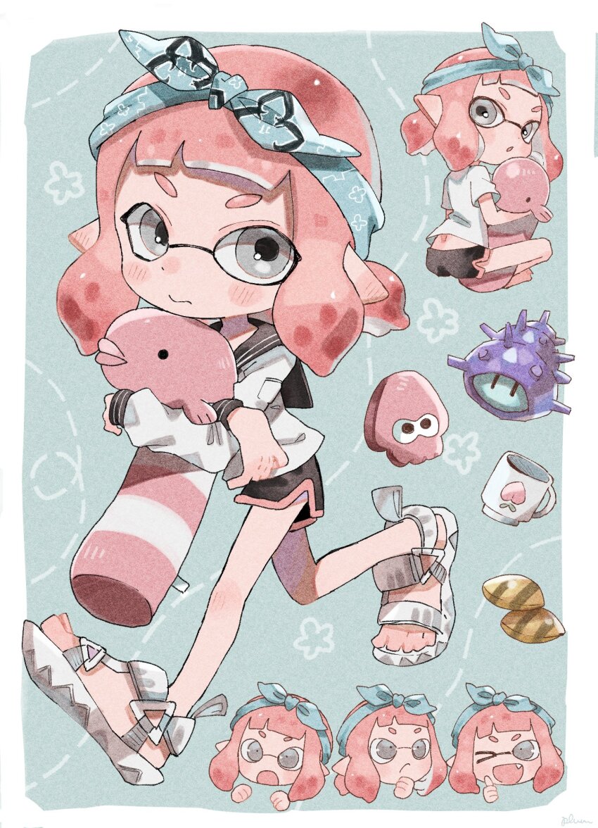 &gt;_o 1girl 3: :o ;d artist_name bandana black_sailor_collar black_shorts blue_bandana blush clam closed_mouth commentary crossed_arms cup ear_blush multiple_expressions fang film_grain grey_eyes highres holding holding_stuffed_toy inkling inkling_girl inkling_player_character long_sleeves medium_hair mug nintendo one_eye_closed open_mouth pink_hair plum0o0 pointy_ears running sailor_collar sandals shirt short_bangs short_eyebrows shorts signature sitting smile splatoon_(series) stuffed_animal stuffed_squid stuffed_toy super_sea_snail symbol-only_commentary tentacle_hair thumbs_up white_footwear white_shirt