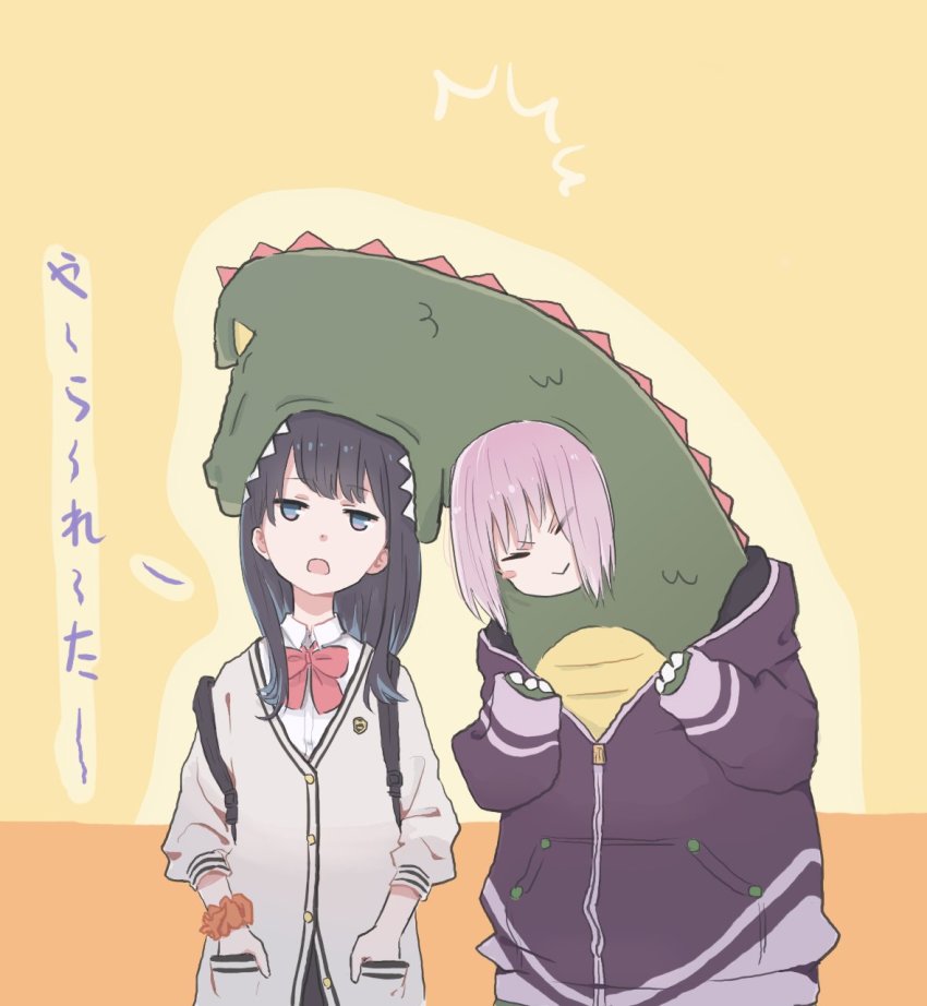 2girls biting black_hair black_skirt blue_eyes bow bowtie cardigan collared_shirt costume gridman_universe head_biting highres jacket light_purple_hair long_hair long_sleeves lyy multiple_girls orange_scrunchie purple_jacket red_neckwear scrunchie shinjou_akane shirt short_hair skirt ssss.gridman straight_hair sweater takarada_rikka white_cardigan white_shirt white_sweater wing_collar wrist_scrunchie