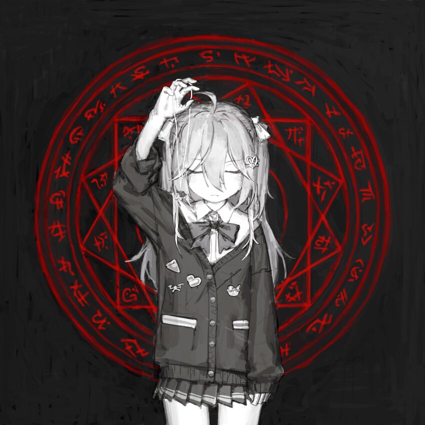 1girl absurdres after_dark_(mr._kitty) cardigan closed_eyes closed_mouth commentary english_commentary evil_neuro-sama greyscale_with_colored_background hair_between_eyes highres holding holding_jewelry holding_necklace jewelry long_hair necklace neuro-sama pleated_skirt skirt solo vedal_ai virtual_youtuber yziua