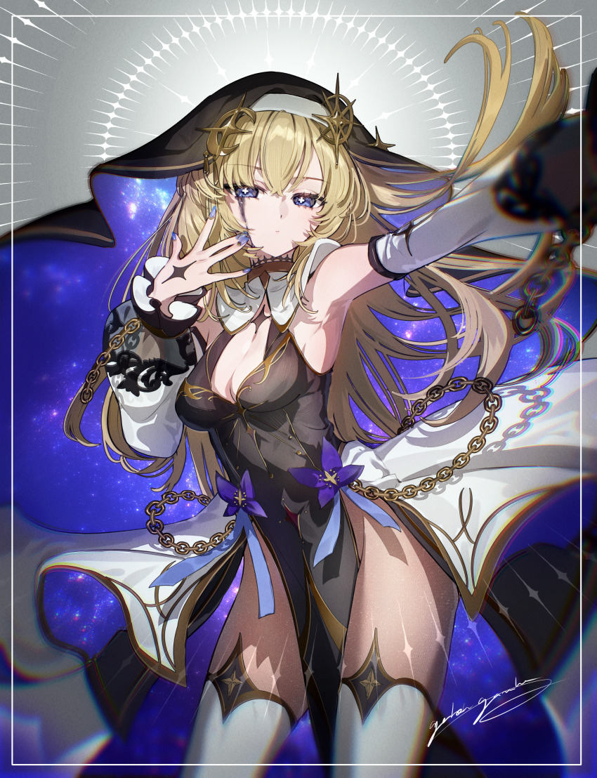 1girl absurdres armpits black_dress black_tears black_veil blonde_hair blue_eyes blue_nails breasts celestine_(letmebid) chain cleavage closed_mouth commission cross-shaped_pupils crying crying_with_eyes_open detached_sleeves dress galibo gold_trim habit hand_tattoo hands_up highres large_breasts long_hair long_sleeves looking_at_viewer nail_polish neck_tattoo nun original outstretched_arm pelvic_curtain pixiv_commission puffy_long_sleeves puffy_sleeves signature solo symbol-shaped_pupils tattoo tears thighhighs veil white_thighhighs