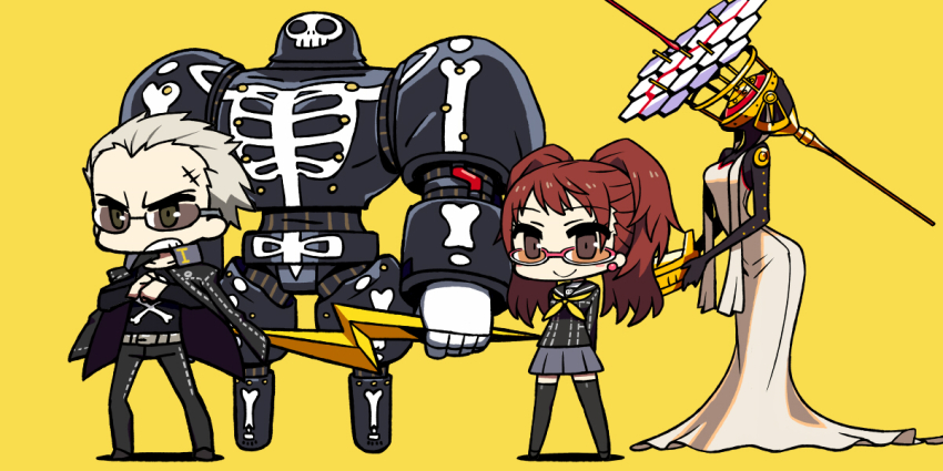 1boy 1girl arms_behind_back atlus blonde_hair brown_hair chan_co chibi clenched_teeth glasses himiko_(persona_4) jacket jacket_on_shoulders kujikawa_rise long_hair persona persona_4 school_uniform serafuku short_hair smile standing take-mikazuchi tatsumi_kanji teeth thighhighs twintails