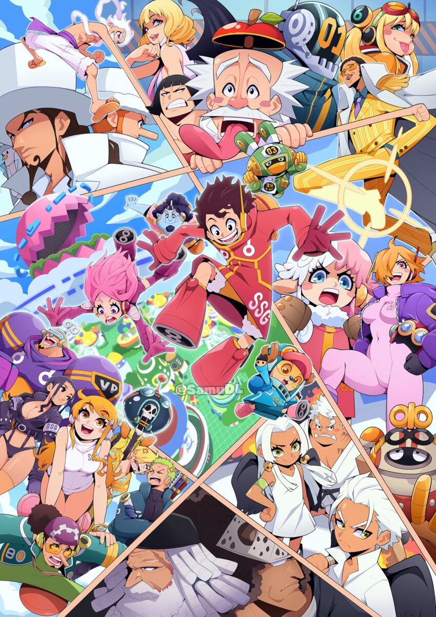 6+boys 6+girls alternate_costume alternate_form apple artist_name bartholomew_kuma bat_wings beard bikini bikini_bottom_only bird black_hair black_wings blonde_hair blue_eyes bodysuit boots borsalino_(kizaru) breasts brook_(one_piece) brown_eyes brown_gloves city cleavage closed_mouth coat coat_on_shoulders covered_navel devil_fruit_power dr._vegapunk dreadlocks dress earrings epaulettes eyelashes facial_hair fire food formal_clothes franky_(one_piece) franky_(one_piece)_(egghead) fruit gear_fifth gloves goatee goggles goggles_on_head green_eyes green_hair hair_over_one_eye hand_in_pocket hat hattori_(one_piece) headphones helmet high_collar highres holding holding_helmet jacket jaygarcia_saturn jewelry jewelry_bonney jinbe_(one_piece) jumping kaku_(one_piece) knee_boots large_breasts leotard licking_lips long_hair midair monkey_d._luffy monkey_d._luffy_(egghead) multiple_boys multiple_girls mustache nami_(one_piece) nami_(one_piece)_(egghead) necktie nico_robin nico_robin_(egghead) numbered one_piece open_mouth orange_eyes orange_hair pectorals pigeon pink_hair punching purple_bodysuit purple_eyes purple_jacket purple_necktie red_footwear red_gloves rob_lucci robot roronoa_zoro roronoa_zoro_(egghead) s-hawk s-shark s-snake samu_(samudl) sanji_(one_piece) sanji_(one_piece)_(egghead) scar scar_on_face science_fiction sentoumaru seraphim_(one_piece) shirt short_hair sideburns skeleton smile snake_earrings star-shaped_pupils star_(symbol) stussy_(one_piece) suit swimsuit symbol-shaped_pupils tinted_eyewear tongue tongue_out tony_tony_chopper tony_tony_chopper_(egghead) top_hat twintails usopp usopp_(egghead) vampire vegapunk_atlas vegapunk_edison vegapunk_lilith vegapunk_pythagoras vegapunk_shaka vegapunk_york white_dress white_hair white_leotard white_necktie white_shirt winding_key wings yellow-tinted_eyewear yellow_eyes yellow_suit