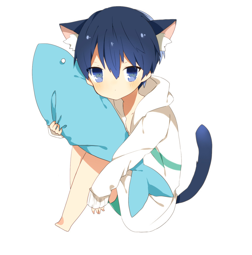 1boy animal_ears artist_request bad_id bad_pixiv_id barefoot blue_eyes blue_hair cat_ears cat_tail chibi child feet free! highres looking_at_viewer nanase_haruka_(free!) short_hair sitting solo stuffed_animal stuffed_shark stuffed_toy swimsuit tail