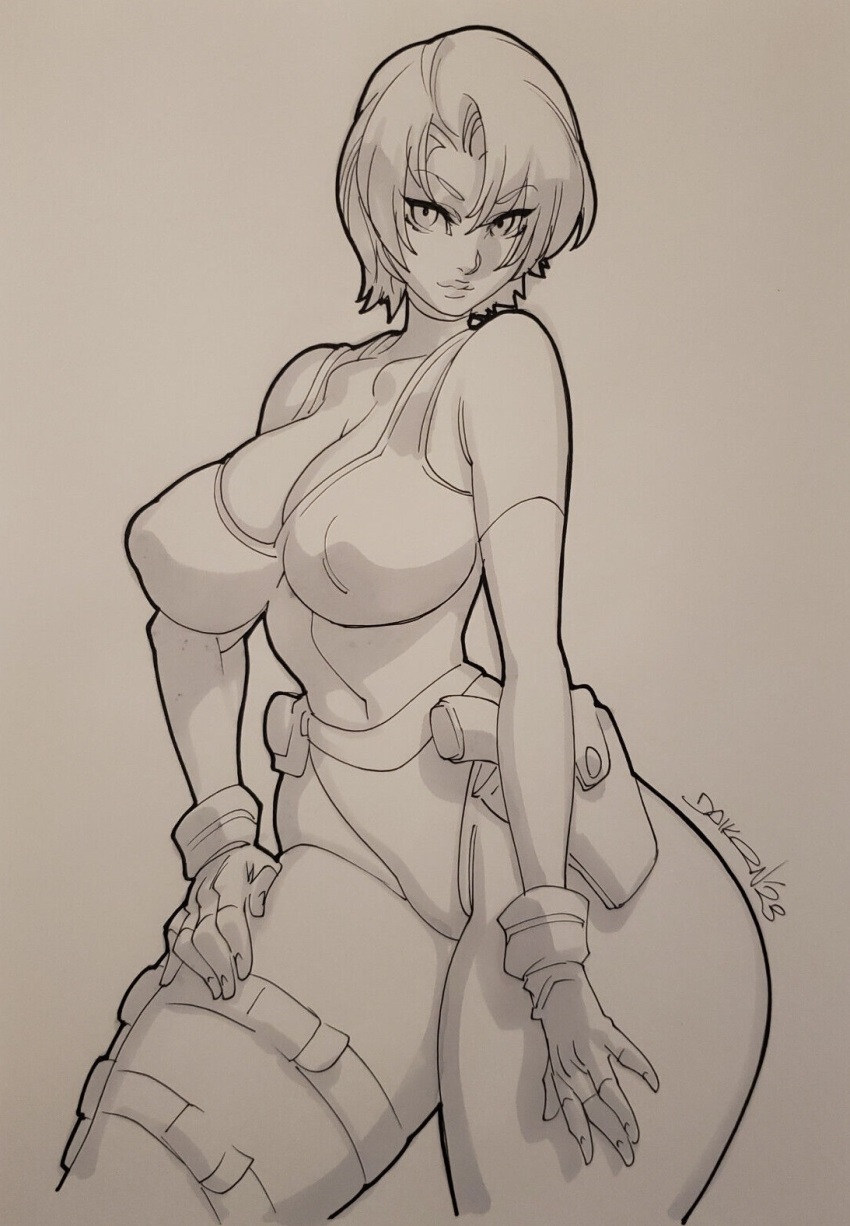1girl ass bodysuit breasts capcom cleavage contrapposto covered_erect_nipples daikon_(artist) dino_crisis female_focus fingerless_gloves gloves gun hand_on_own_thigh handgun highleg highleg_leotard highres holster huge_ass knife_sheath large_breasts leotard monochrome open_clothes parted_bangs pistol regina_(dino_crisis) sheath short_hair solo standing thick_thighs thigh_strap thighs weapon wide_hips