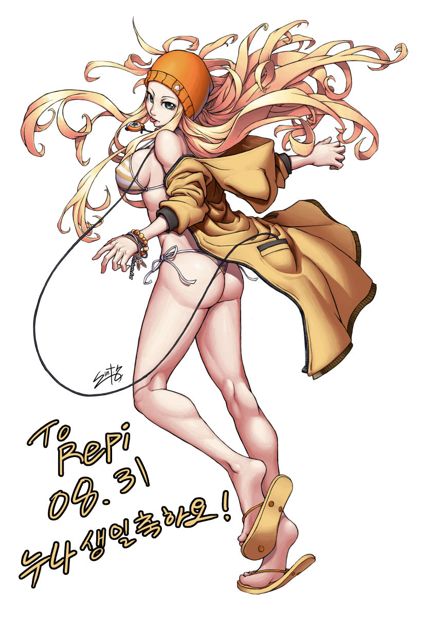 1girl absurdres ass bead_bracelet beads bikini blonde_hair bracelet breasts city_of_mist commission dated hat hat_ornament highres hood hood_down jacket jewelry long_hair looking_back medium_breasts orange_hat sandals simple_background sin.t.k skullcap star_(symbol) star_hat_ornament swimsuit tongue tongue_out white_background yellow_jacket