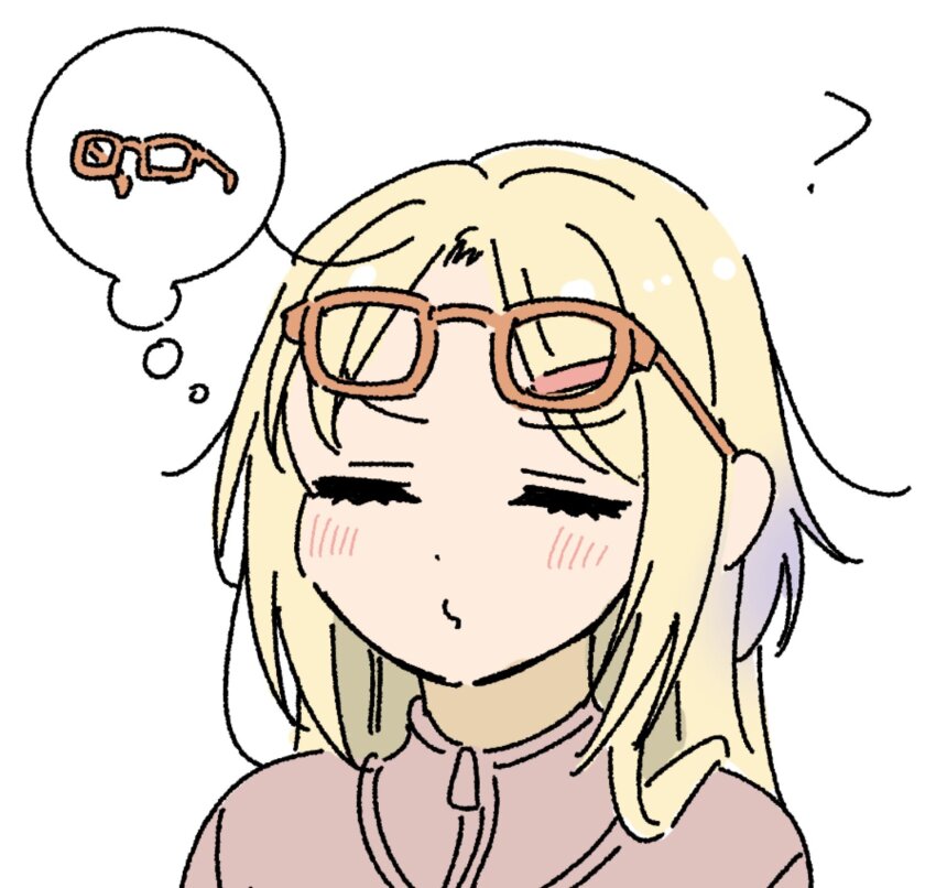 1girl ? blonde_hair blush brown-framed_eyewear brown_shirt closed_eyes commentary_request eyewear_on_head glasses highres link!_like!_love_live! llkapital long_hair looking_for_glasses love_live! official_alternate_costume osawa_rurino osawa_rurino_(summer_loungewear) parted_bangs portrait puckered_lips shirt simple_background solo speech_bubble spoken_object thought_bubble virtual_youtuber white_background