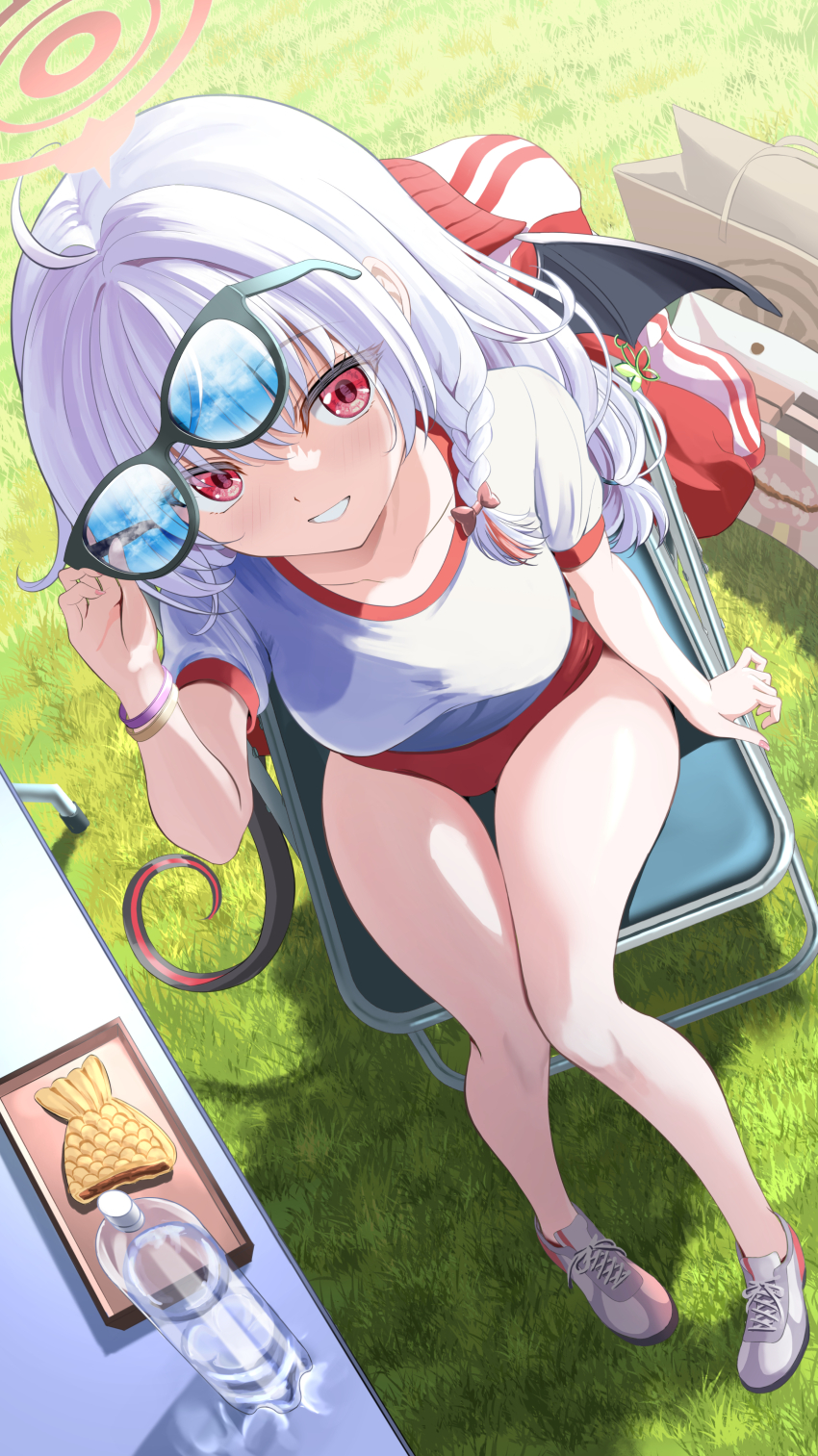 1girl absurdres blue_archive braid buruma eyewear_on_head grin gym_shirt halo haruna_(blue_archive) haruna_(track)_(blue_archive) highres kagura_hiromu long_hair looking_at_viewer official_alternate_costume pink_halo red_buruma red_eyes shirt short_sleeves side_braid smile solo white_hair white_shirt