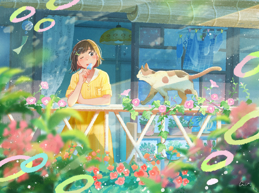 1girl animal ao_(aohari) blurry blurry_foreground blush brown_hair cat day dress flower food hair_ornament laundry light_particles light_rays long_dress looking_at_animal morning_glory one_eye_closed original pink_flower plant popsicle porch potted_plant railing red_flower short_sleeves signature solo unworn_socks vines wind_chime x_hair_ornament yellow_dress