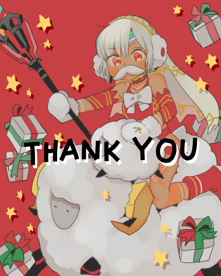1girl altera_(fate) altera_the_santa_(fate) boots bow bra choker christmas collarbone dark-skinned_female dark_skin earmuffs fake_facial_hair fake_mustache fate/grand_order fate_(series) gift highres holding holding_staff long_hair looking_at_viewer mittens oneroom-disco red_background red_boots red_bra red_choker red_eyes riding sheep solo staff star_(symbol) thank_you underwear white_bow white_hair white_mittens