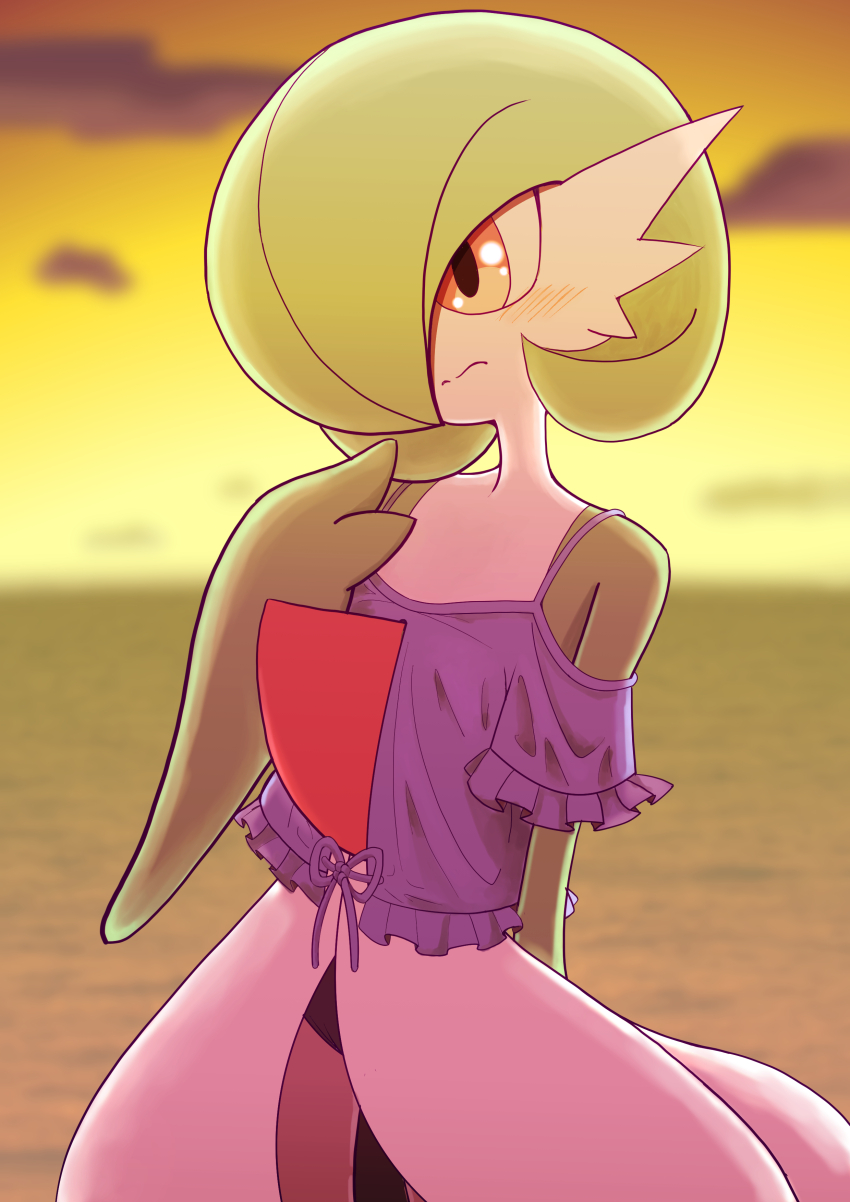 absurdres arm_behind_back bad_id bad_twitter_id blush bob_cut clothed_pokemon colored_skin creatures_(company) dusk game_freak gardevoir gen_3_pokemon green_hair green_skin hair_over_one_eye highres multicolored_skin nintendo ocean pokemon pokemon_(creature) swimsuit tasapi two-tone_skin white_skin