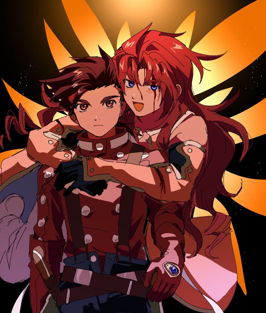 aemono_(lemolemo_lmn) black_pants blood blood_on_face blue_eyes blush brown_eyes brown_hair gloves highres hug jacket lloyd_irving long_hair pants pink_gloves pink_jacket red_hair red_shirt scarf shirt smile suspenders tales_of_(series) tales_of_symphonia white_pants white_scarf wings zelos_wilder