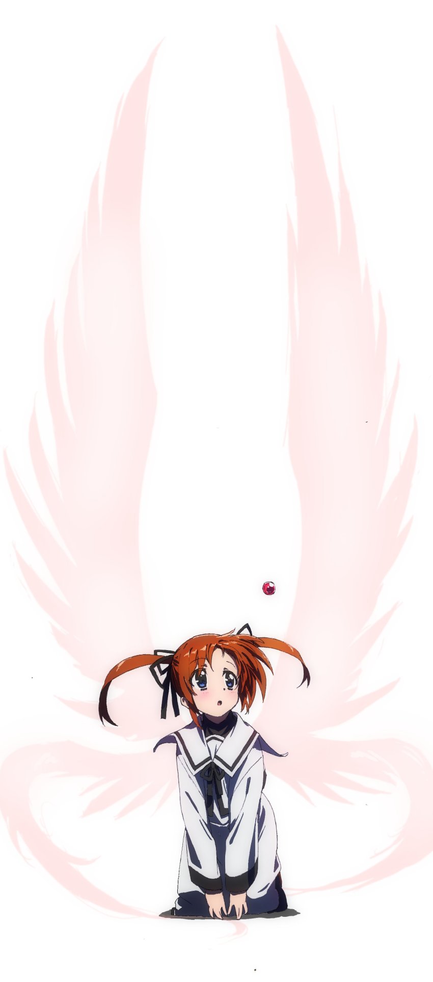1girl :o absurdres aliasing black_ribbon blue_eyes blush brown_hair bygddd5 dress female_focus floating hair_ribbon highres kneeling leaning_forward light_blush long_dress lyrical_nanoha magical_girl mahou_shoujo_lyrical_nanoha neck_ribbon open_mouth raising_heart raising_heart_(standby_mode) ribbon sailor_dress school_uniform seishou_elementary_school_uniform shadow short_hair short_twintails solo takamachi_nanoha twintails white_background white_dress wings