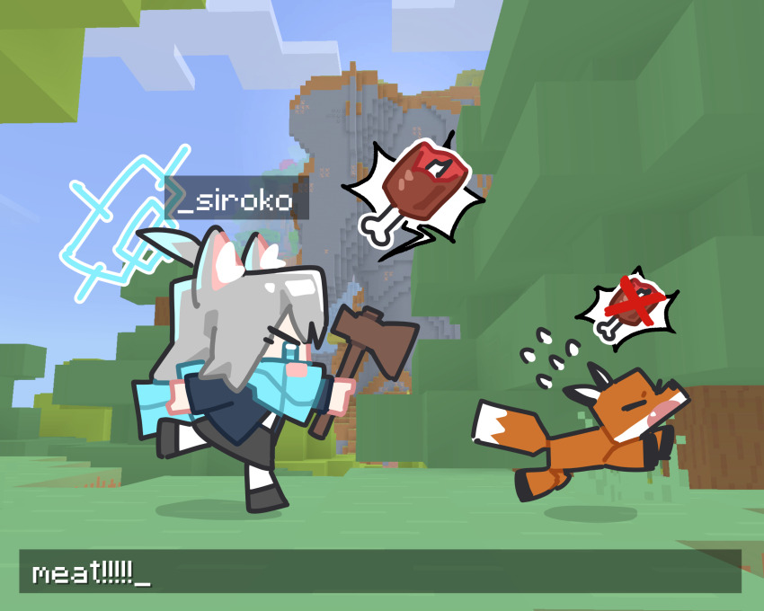 1girl ahoge animal_ear_fluff animal_ears axe black_footwear black_skirt blue_archive blue_eyes blue_halo blue_jacket blue_scarf blush_stickers chasing chibi chibi_only cloud crossed_out day english_text flying_sweatdrops food fox fox_(minecraft) from_side game_screenshot_background grass grey_hair halo highres holding holding_axe ishikoro24 jacket long_sleeves looking_ahead meat medium_hair minecraft outdoors parody profile running scarf screenshot_background shiroko_(blue_archive) skirt solo speech_bubble tree wolf_ears wolf_girl x
