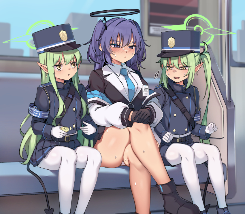 3girls absurdres armband black_gloves black_halo black_skirt black_tail blue_archive blue_armband blue_shorts blue_skirt breasts buttons crime_prevention_buzzer crossed_legs demon_tail double-breasted gloves green_hair green_halo halo highres hikari_(blue_archive) large_breasts long_hair long_sleeves mechanical_halo miniskirt multiple_girls muyoshito nozomi_(blue_archive) panties pantyhose pleated_skirt pointy_ears purple_eyes purple_hair short_shorts shorts siblings sisters sitting skirt tail train_conductor train_interior twins twintails two_side_up underwear very_long_hair white_gloves white_panties white_pantyhose yellow_eyes yuuka_(blue_archive)