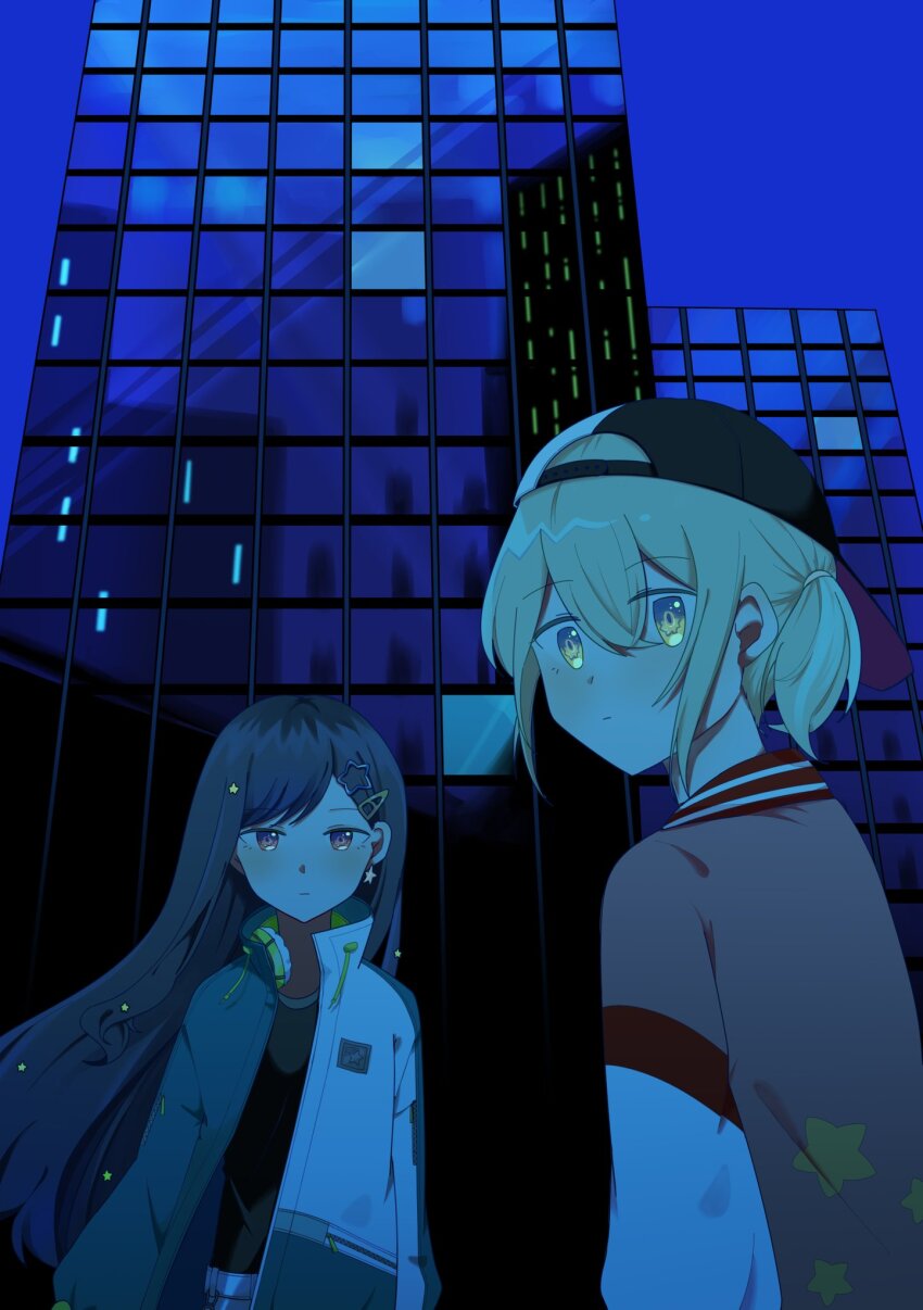 2girls :| arm_at_side azusawa_kohane baseball_cap belt black_hair black_hat black_shirt blonde_hair blue_hair brown_eyes building chinese_commentary city closed_mouth collared_jacket commentary_request drawstring earrings floating_hair gradient_eyes gradient_hair hair_between_eyes hair_ornament hair_tie hairclip hat headphones headphones_around_neck high_collar highres jacket jewelry kyline light_blush long_sleeves looking_at_viewer looking_back multicolored_eyes multicolored_hair multicolored_jacket multiple_girls night open_clothes open_jacket outdoors parallel_hairclips pocket print_jacket project_sekai puffy_long_sleeves puffy_sleeves reflection shiraishi_an shirt side_ponytail sidelocks single_earring star_(symbol) star_earrings star_hair_ornament star_print striped_collar two-tone_hair two-tone_jacket white_belt white_hat yellow_eyes zipper