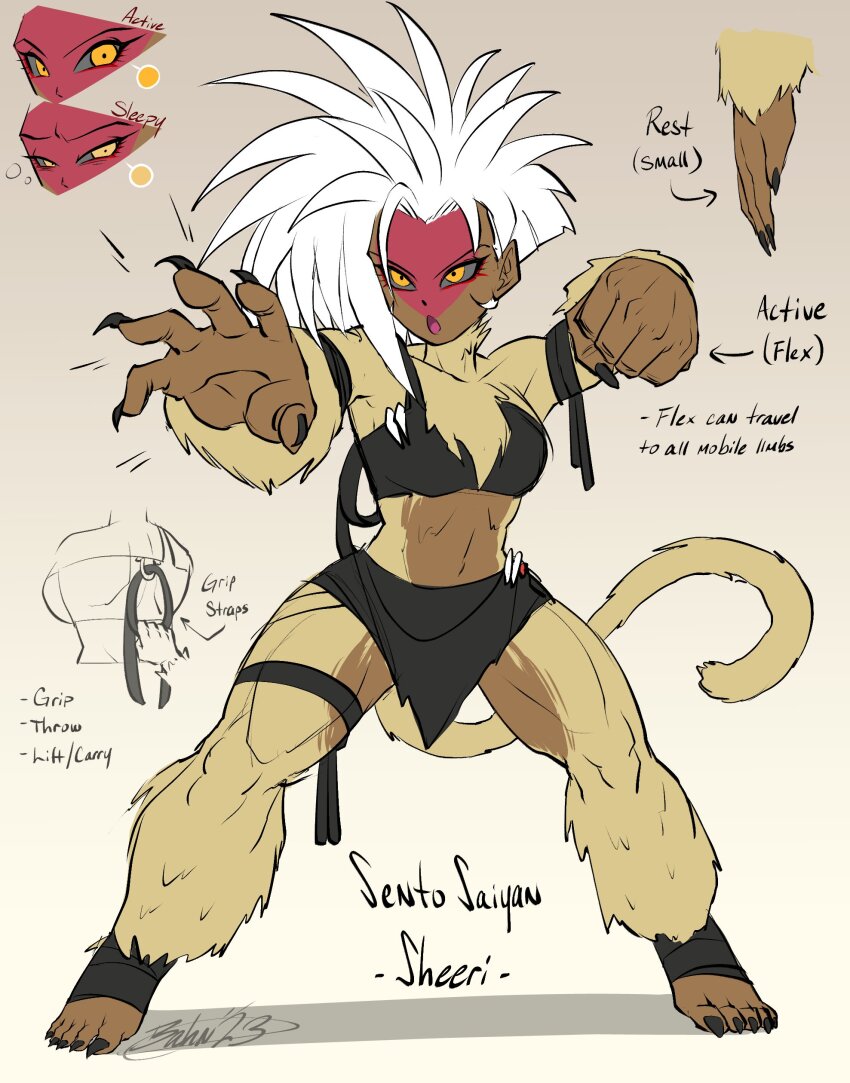 1girl :o abs absurdres bahnloopi black_bra black_nails body_fur bra breasts colored_skin dark-skinned_female dark_skin dragon_ball dragon_ball_super dragonball_z english_text fanwork fighting_stance fingernails full_body fur gradient_background headcanon highres large_breasts monkey_girl muscular muscular_female red_skin saiyan sharp_fingernails signature simple_background skirt spiked_hair tail underwear white_fur white_hair yellow_eyes