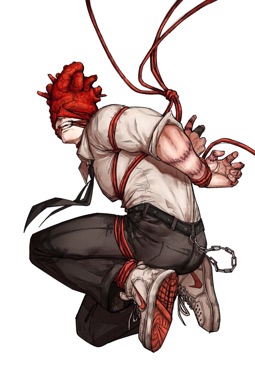 1boy belt belt_chain black_belt black_necktie black_pants bound bound_ankles bound_wrists clenched_teeth collared_shirt commentary dorohedoro english_commentary gagged heart_(organ) highres knee_up kneeling male_focus mask multiple_scars necktie nike_(company) obscured_eyes pants pedro_renji red_rope rope scar scar_on_arm shin_(dorohedoro) shirt shoes short_sleeves simple_background sneakers solo teeth tied_up_(nonsexual) white_background white_shirt white_shoes wing_collar