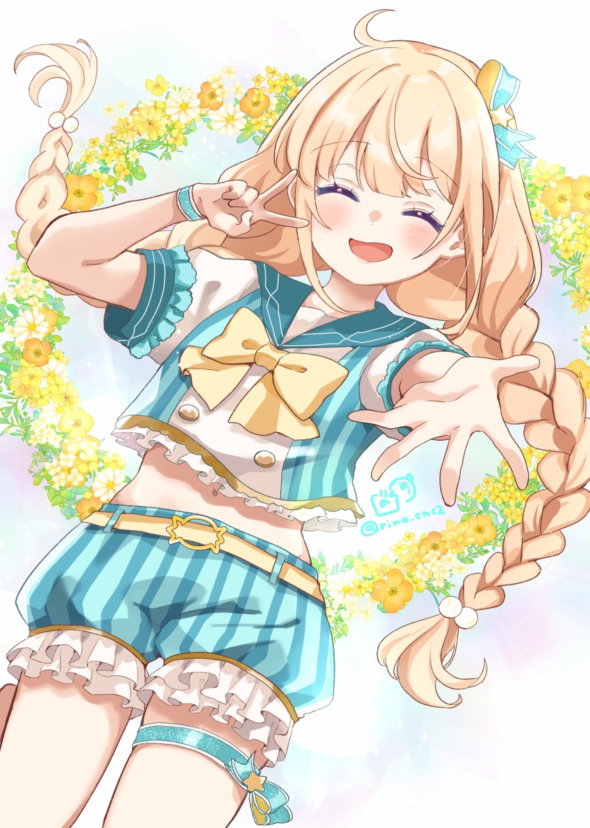 1girl :d ^_^ belt belt_buckle blonde_hair blue_sailor_collar blue_shorts bow braid brown_belt buckle closed_eyes crop_top facing_viewer frilled_shirt frilled_shorts frills futaba_anzu hair_between_eyes hand_up highres idolmaster idolmaster_cinderella_girls idolmaster_cinderella_girls_starlight_stage long_hair low_twintails midriff navel open_mouth outstretched_arm puffy_short_sleeves puffy_sleeves rino_cnc sailor_collar shirt short_sleeves shorts smile solo striped_clothes striped_shirt striped_shorts twin_braids twintails v v-shaped_eyebrows vertical-striped_clothes vertical-striped_shirt vertical-striped_shorts very_long_hair white_shirt wrist_cuffs yellow_bow