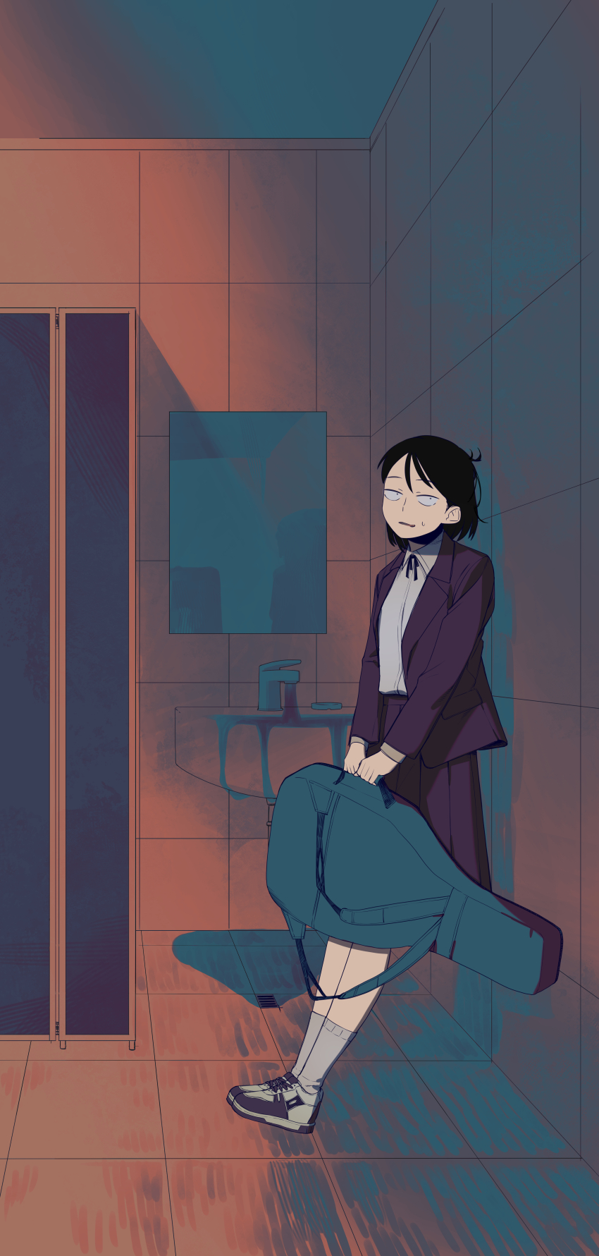 1girl absurdres against_wall black_eyes black_hair collared_shirt commentary dress_shirt faucet full_body futsuu_no_keion-bu guitar guitar_case hatono_chihiro highres holding holding_guitar holding_instrument instrument instrument_case jacket lapels long_sleeves mirror neck_ribbon notched_lapels overflowing purple_jacket purple_skirt public_restroom ribbon shirt shoes short_hair sink skirt small_sweatdrop sneakers socks solo tile_floor tile_wall tiles toilet_stall tsumitobat79121 white_shirt