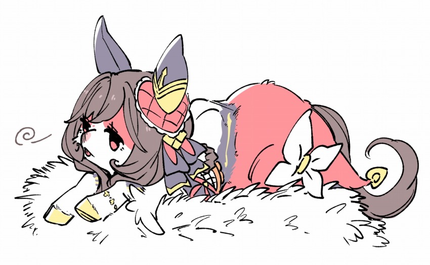 animal_ears animalization black_bow bow brown_hair creature ear_covers ear_ornament gentildonna_(umamusume) hair_bow hay hooves horse_ears horse_tail long_hair no_humans red_eyes sidelocks simple_background tail takatsuki_nato tongue tongue_out umamusume visible_air white_background