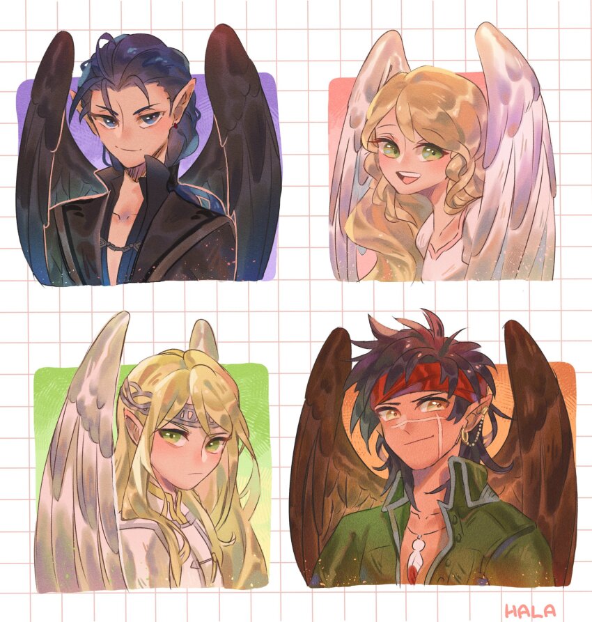 1girl 3boys :d artist_name bird_boy bird_girl black_coat black_wings blonde_hair blue_eyes blue_hair brown_wings closed_mouth coat commentary english_commentary feather_necklace fire_emblem fire_emblem:_path_of_radiance fire_emblem:_radiant_dawn green_coat green_eyes grid_background halapokok headband highres jewelry leanne_(fire_emblem) multiple_boys naesala_(fire_emblem) necklace nintendo open_mouth pointy_ears red_headband reyson_(fire_emblem) scar scar_on_face simple_background smile teeth tibarn_(fire_emblem) upper_teeth_only white_background white_wings wings yellow_eyes