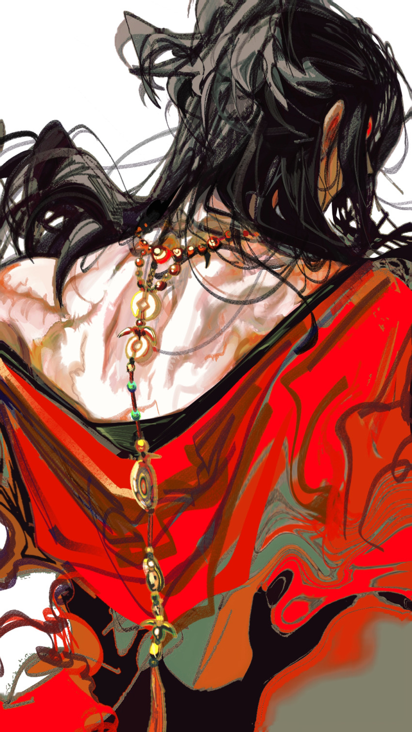 1boy back back_focus bare_shoulders bead_necklace beads black_hair chinese_clothes chinese_commentary dao_gui_yi_xian facing_away floating_hair from_behind half_updo hanfu highres jewelry li_huowang long_hair male_focus necklace off_shoulder red_hanfu sadeli349 scar scar_on_back simple_background solo tassel upper_body white_background
