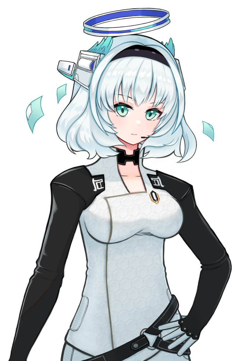 1girl absurdres angel bad_id bad_pixiv_id bodysuit breasts commission cosplay green_eyes hairband halo headset highres kamishiro_rita large_breasts mass_effect_(series) mass_effect_2 mechanical_halo microphone miranda_lawson miranda_lawson_(cosplay) no_wings pixiv_commission poryuyee prism_project skeb_commission solo virtual_youtuber white_hair