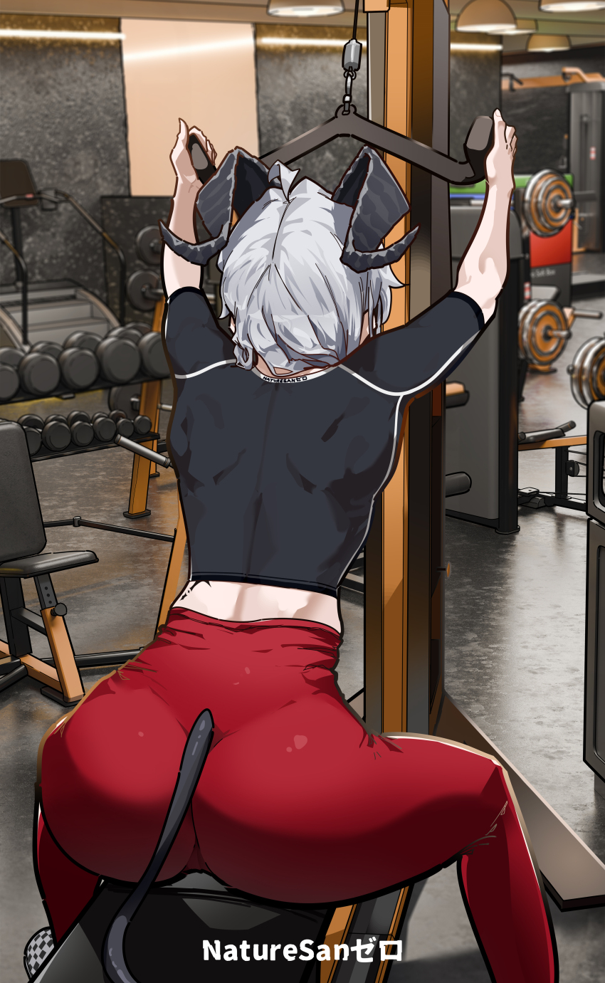 1girl absurdres ahoge alternate_costume arms_up artist_name ass bare_shoulders black_horns black_shirt black_tail curled_horns demon_tail dumbbell exercise_machine exercising from_behind grey_hair gym highres horns indoors long_hair median_furrow pants red_pants ryeon_(naturesan) shirt solo tacet_mark_(wuthering_waves) tail toned toned_female wuthering_waves yoga_pants zani_(wuthering_waves)