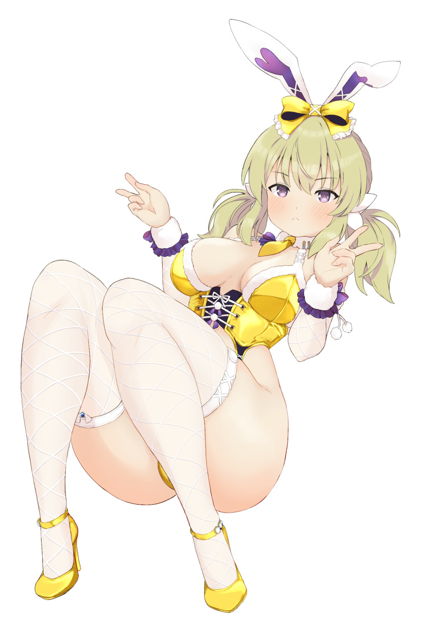 animal_ears blonde_hair blush bow breasts cleavage detached_collar double_v fake_animal_ears fishnet_pantyhose fishnets frown gold_leotard highleg highres kafuru_(senran_kagura) leotard low_twintails lying medium_breasts medium_hair on_back pantyhose playboy_bunny purple_eyes rabbit_ears senran_kagura skindentation thighhighs thighs twintails v wrist_cuffs yoniki