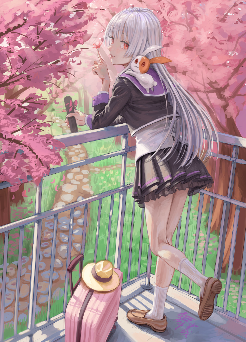 1girl :3 absurdres animal animal_on_shoulder black_skirt brown_shoes bug butterfly butterfly_on_hand cherry_blossoms chinese_commentary closed_mouth commentary_request day diploma_tube frilled_skirt frills from_behind graduation grey_hair hair_between_eyes hand_up hatsuyuki_sakura highres holding index_finger_raised insect jiawenqing lips loafers long_hair long_sleeves looking_at_viewer looking_back miniskirt outdoors park parted_lips pink_butterfly pleated_skirt purple_sailor_collar rabbit red_eyes road rolling_suitcase sailor_collar scenery school_uniform serafuku shoes skirt smile socks solo spring_(season) standing standing_on_one_leg straight_hair suitcase tamaki_sakura white_socks