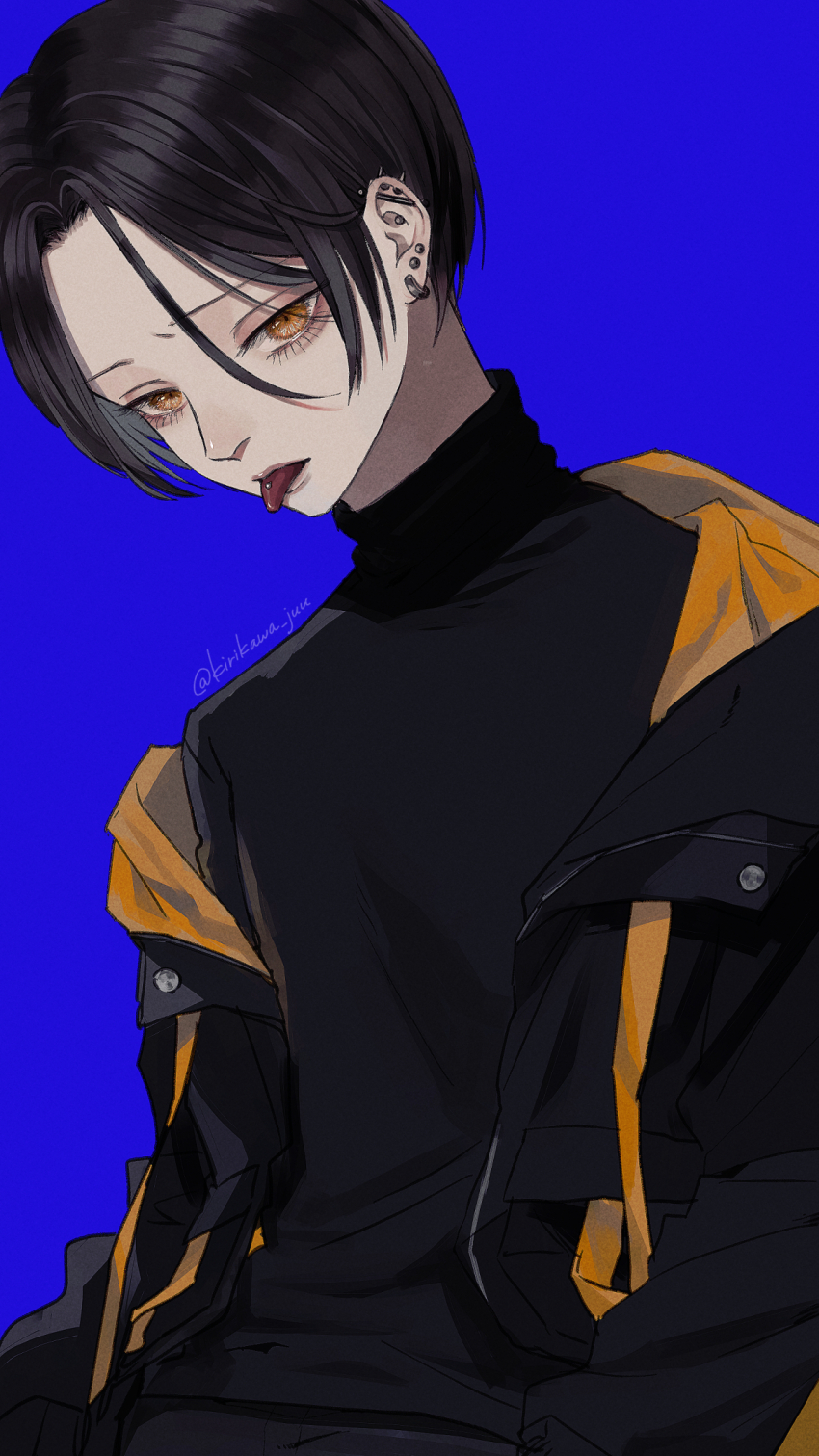 1boy black_hair black_jacket black_shirt blue_background commission earrings hair_between_eyes highres jacket jewelry kurosujuu long_sleeves looking_at_viewer male_focus orange_eyes original shirt short_hair simple_background sitting skeb_commission solo tongue tongue_out upper_body