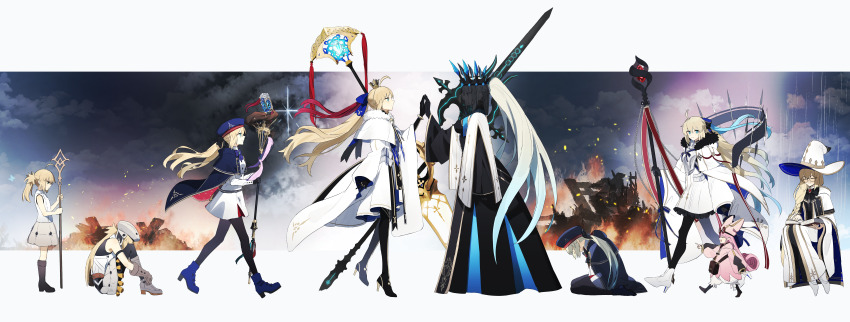 3girls absurdres aesc_(fate) aesc_(rain_witch)_(fate) aesc_(savior)_(fate) ahoge armor armored_dress artoria_caster_(fate) artoria_caster_(first_ascension)_(fate) artoria_caster_(second_ascension)_(fate) artoria_caster_(third_ascension)_(fate) artoria_pendragon_(fate) baggy_clothes baggy_pants belt beret black_bow black_dress black_gloves blonde_hair blue_belt blue_bow blue_cape blue_capelet blue_choker blue_cloak blue_eyes blue_headwear blue_ribbon bow braid breastplate breasts button_eyes buttons cape capelet choker cloak closed_eyes coat crown diamond_hairband dress facial_mark fate/grand_order fate_(series) forehead_mark fur-trimmed_capelet fur_trim glasses gloves green_eyes grey_hair habetrot_(fate) hair_between_eyes hair_bow hat highres holding holding_staff hood hooded_cape igote jacket large_breasts long_hair long_sleeves marmyadose_(fate) mirror_twins morgan_le_fay_(fate) multicolored_cape multicolored_capelet multicolored_cloak multicolored_ribbon multiple_girls ninjin_(ne_f_g_o) o-ring o-ring_belt ornament pants pantyhose pink_coat pink_hair pink_headwear pink_jacket pointy_ears ponytail red_brooch ribbon robe round_eyewear sidelocks smile spiked_armor staff striped_belt twintails two-tone_dress two-tone_sleeves very_long_hair white_cloak white_dress white_robe white_uniform wide_brim witch_hat