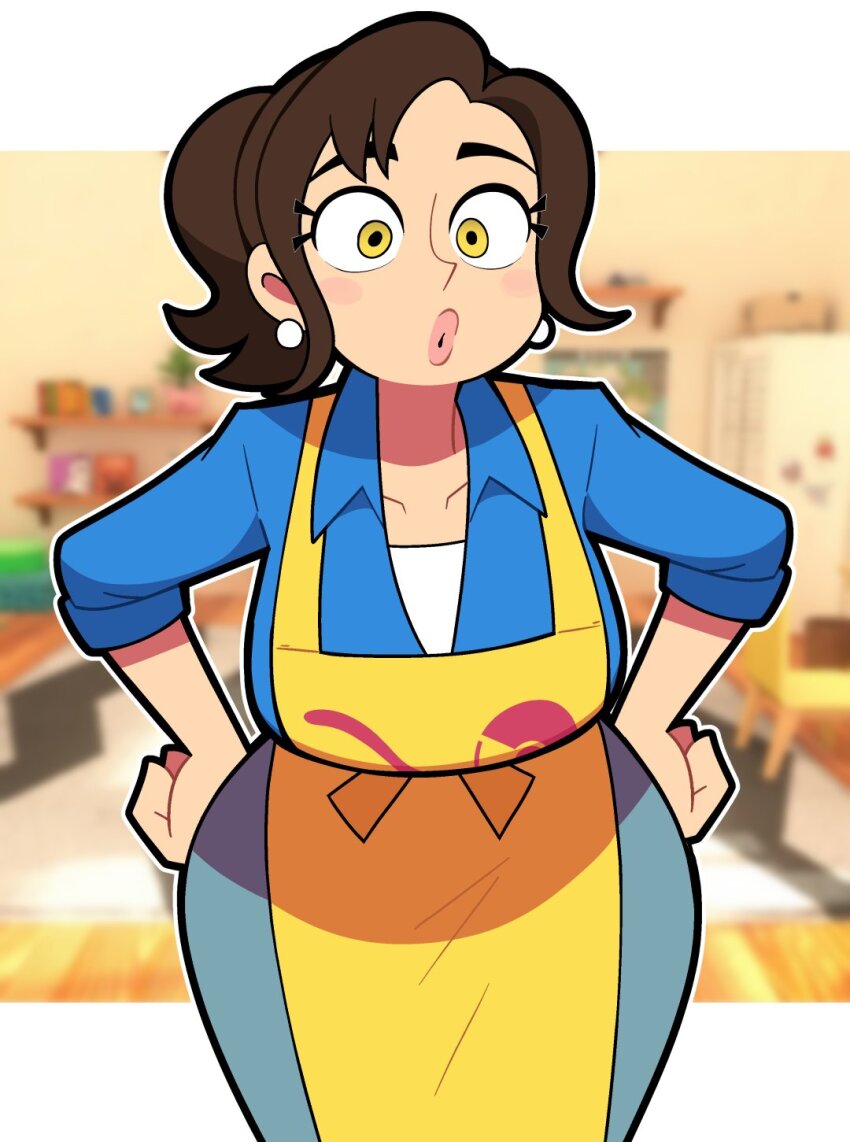 1girl apron blue_shirt breasts brown_hair collared_shirt cowboy_shot curvy earrings hands_on_own_hips highres housewife jewelry large_breasts leaning_forward lipstick long_sleeves looking_at_viewer makeup mature_female nintendo outline paldea_mother pink_lips pokemon pokemon_sv scott_falco shirt short_hair solo sphere_earrings thick_lips white_outline wide-eyed wide_hips yellow_apron yellow_eyes